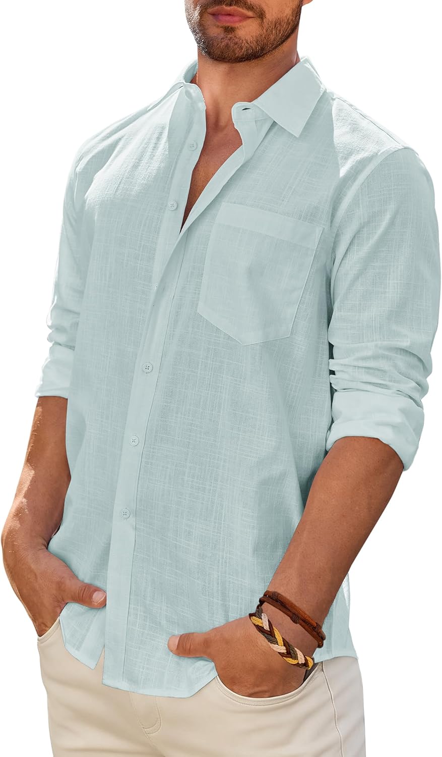Mens Linen Textured Shirt Long Sleeve Casual Cotton Solid Regular Fit Wedding Summer Beach Button Down Shirt