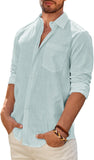 Mens Linen Textured Shirt Long Sleeve Casual Cotton Solid Regular Fit Wedding Summer Beach Button Down Shirt