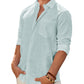 Mens Linen Textured Shirt Long Sleeve Casual Cotton Solid Regular Fit Wedding Summer Beach Button Down Shirt