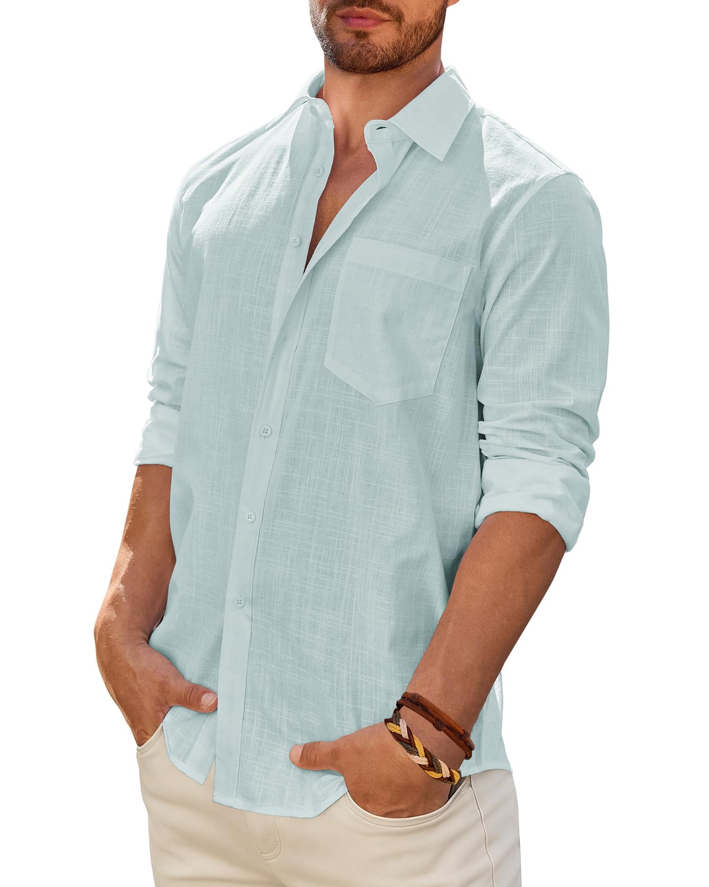 Mens Linen Textured Shirt Long Sleeve Casual Cotton Solid Regular Fit Wedding Summer Beach Button Down Shirt