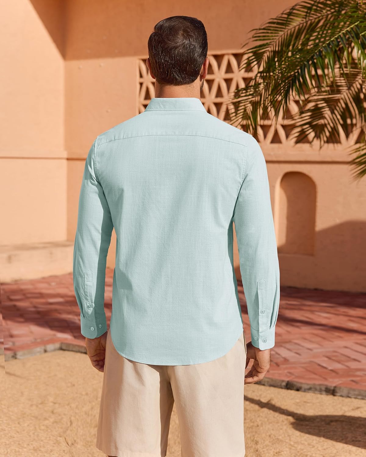 Mens Linen Textured Shirt Long Sleeve Casual Cotton Solid Regular Fit Wedding Summer Beach Button Down Shirt