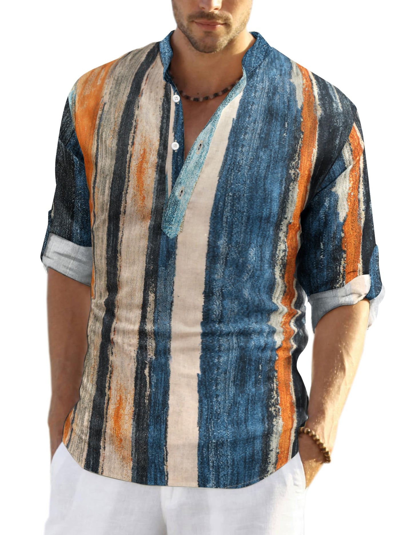 Cotton Linen Henley T-Shirt for Men, Long Sleeve Hippie Casual Beach T-Shirts