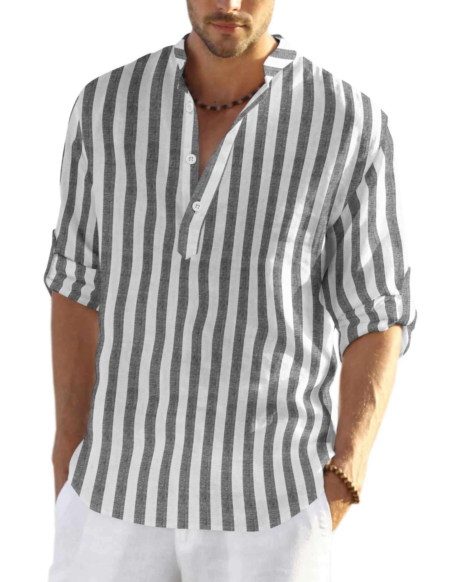 Cotton Linen Henley T-Shirt for Men, Long Sleeve Hippie Casual Beach T-Shirts