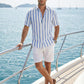 Men's Casual Stylish Short Sleeve Button-Up Striped Dress Shirt Cotton Beach Shirts