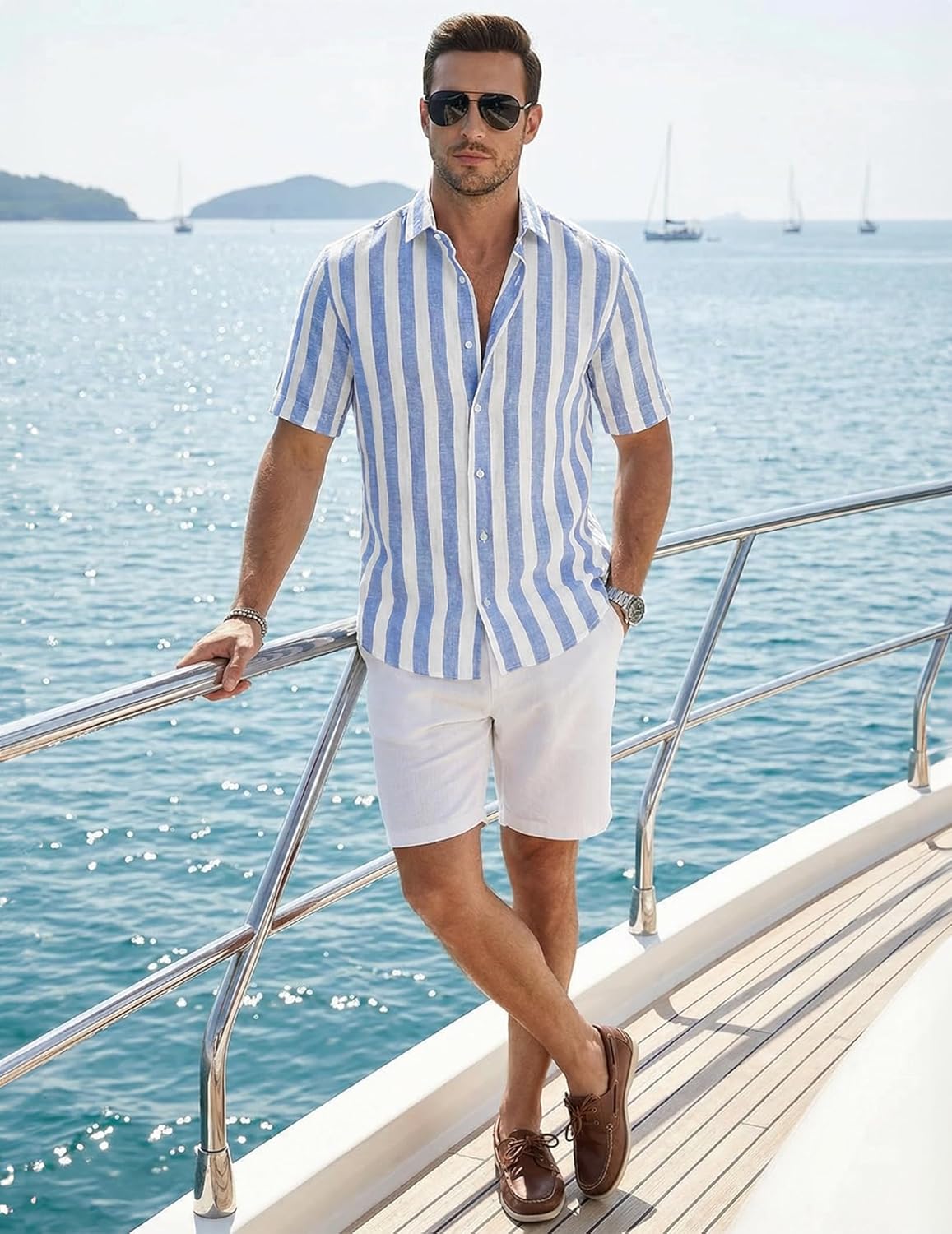 Men's Casual Stylish Short Sleeve Button-Up Striped Dress Shirt Cotton Beach Shirts
