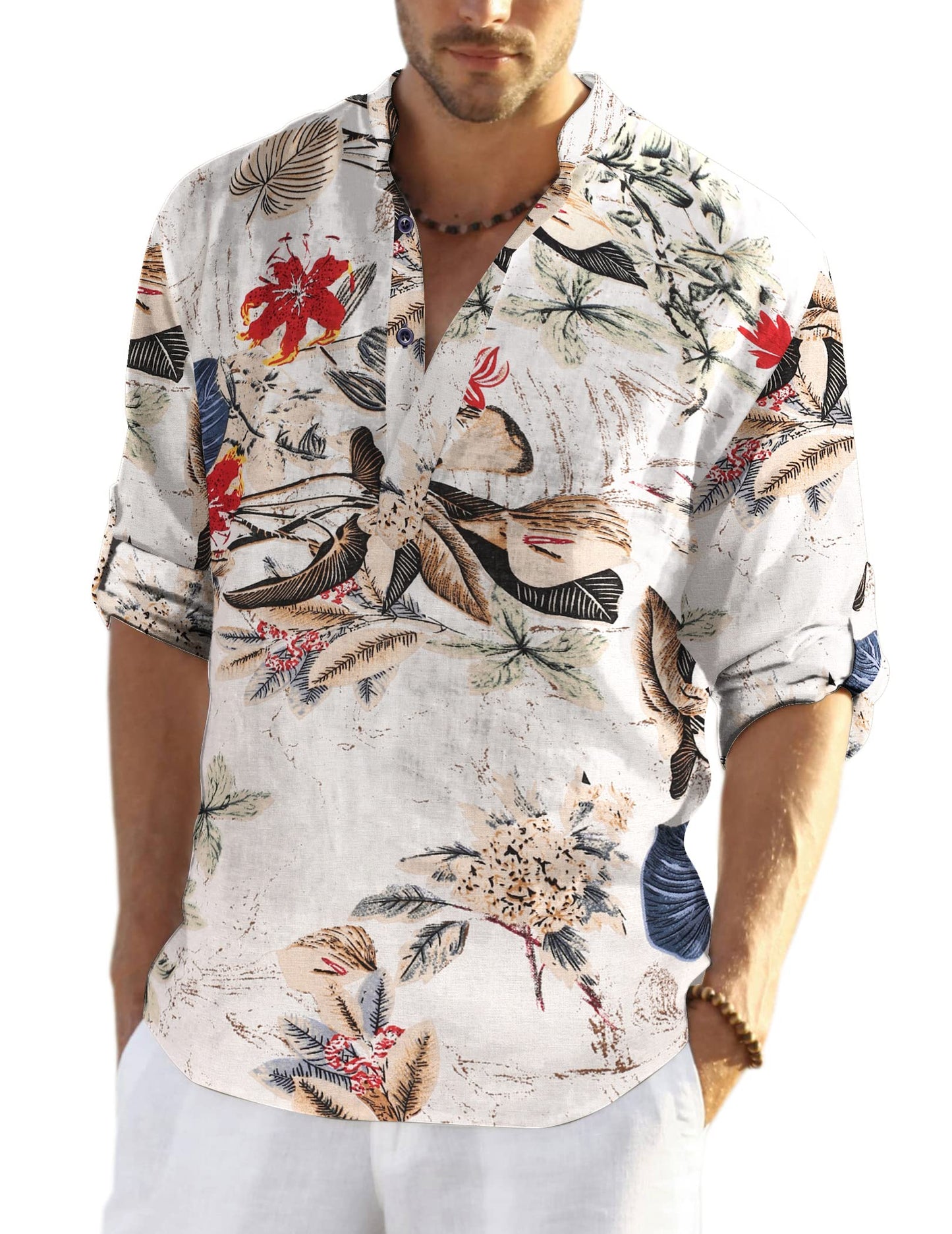 Cotton Linen Henley T-Shirt for Men, Long Sleeve Hippie Casual Beach T-Shirts