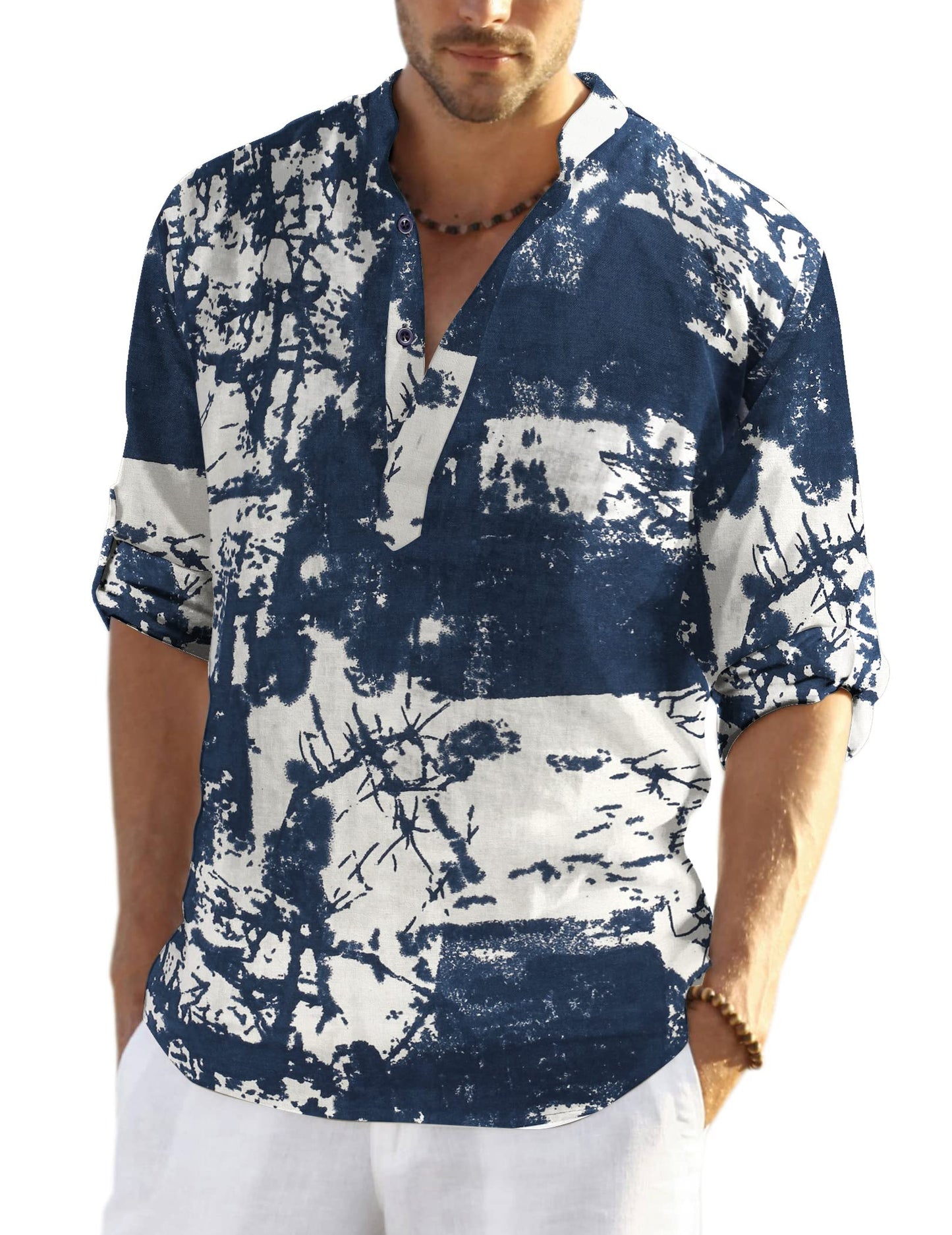 Cotton Linen Henley T-Shirt for Men, Long Sleeve Hippie Casual Beach T-Shirts