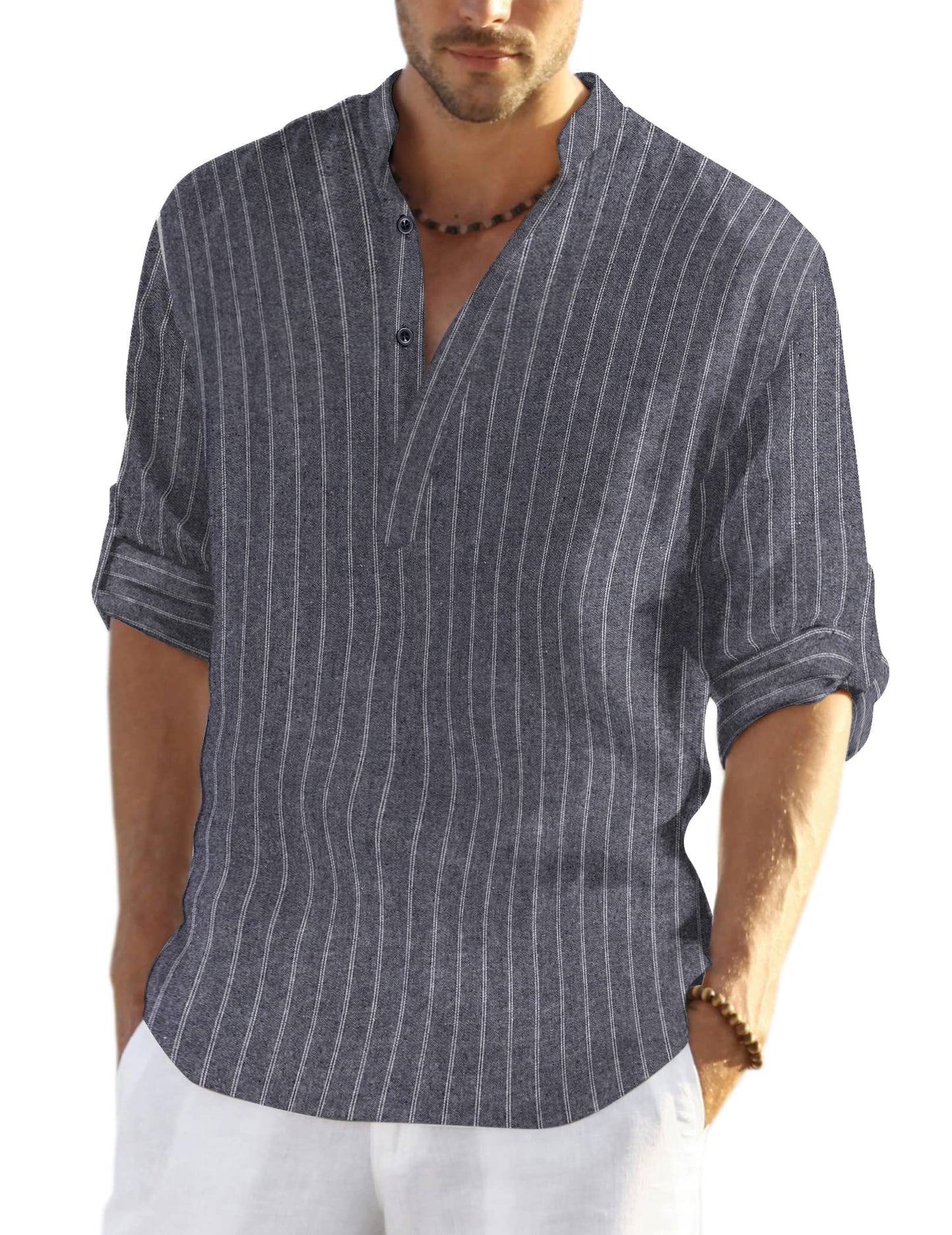 Cotton Linen Henley T-Shirt for Men, Long Sleeve Hippie Casual Beach T-Shirts