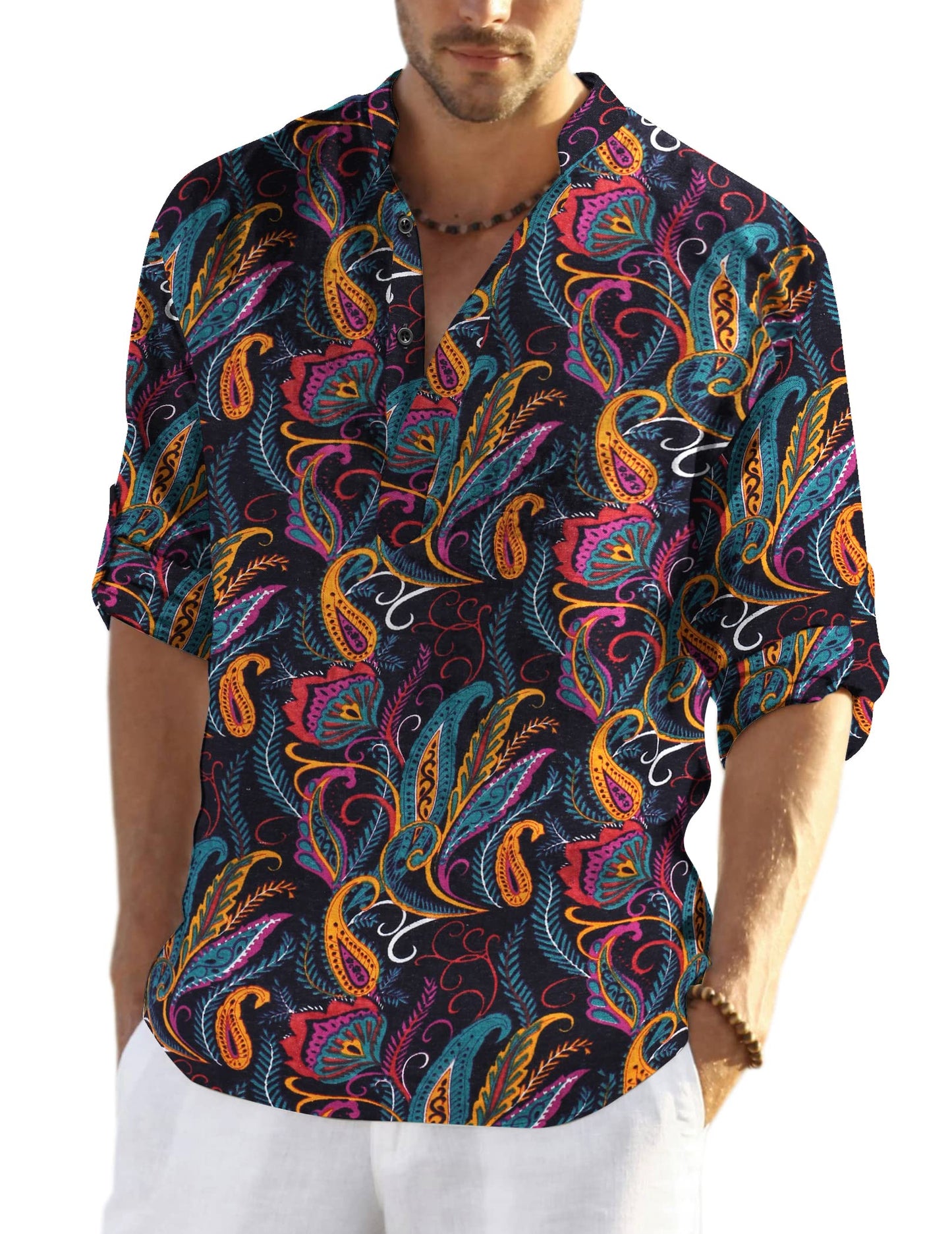Cotton Linen Henley T-Shirt for Men, Long Sleeve Hippie Casual Beach T-Shirts