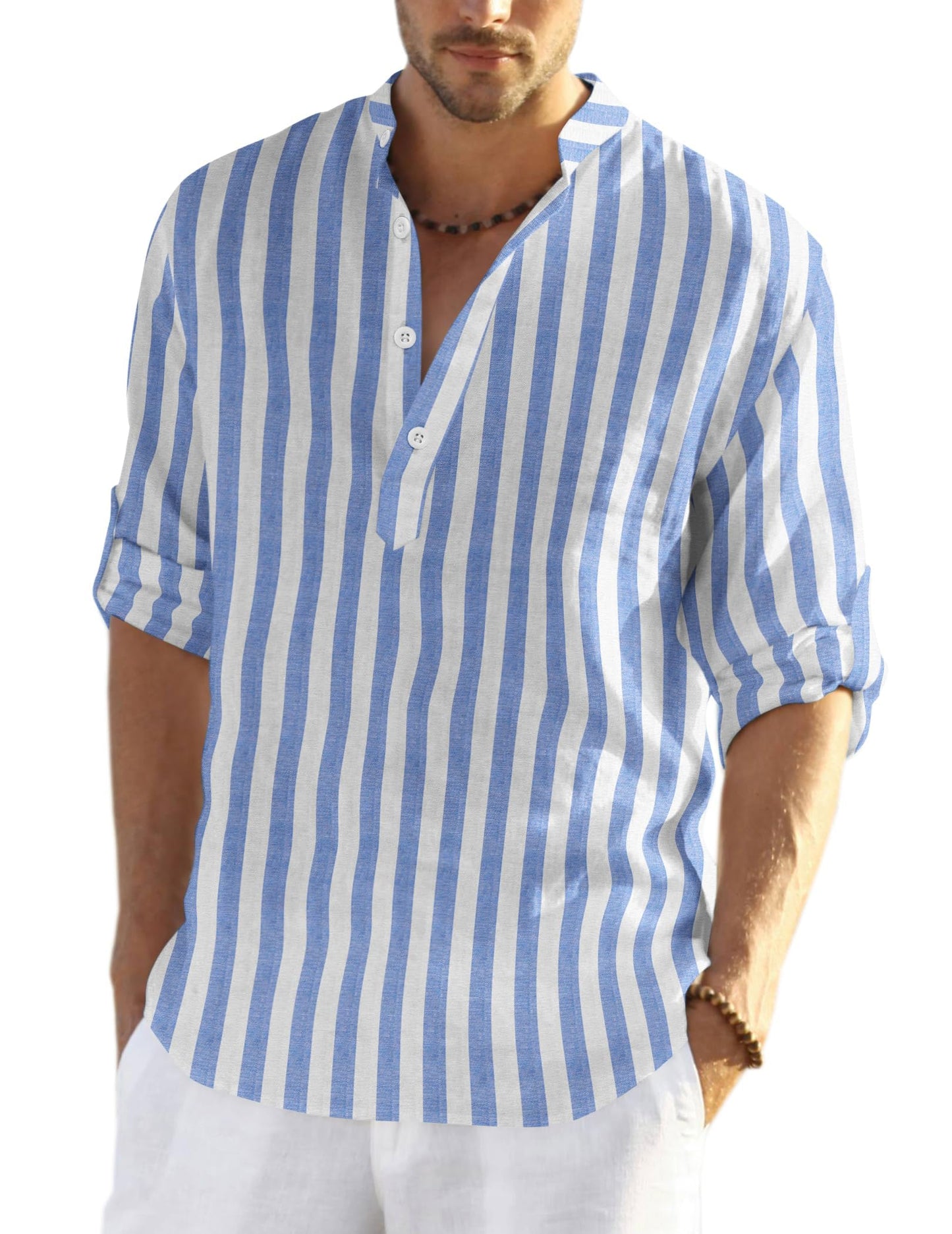 Cotton Linen Henley T-Shirt for Men, Long Sleeve Hippie Casual Beach T-Shirts