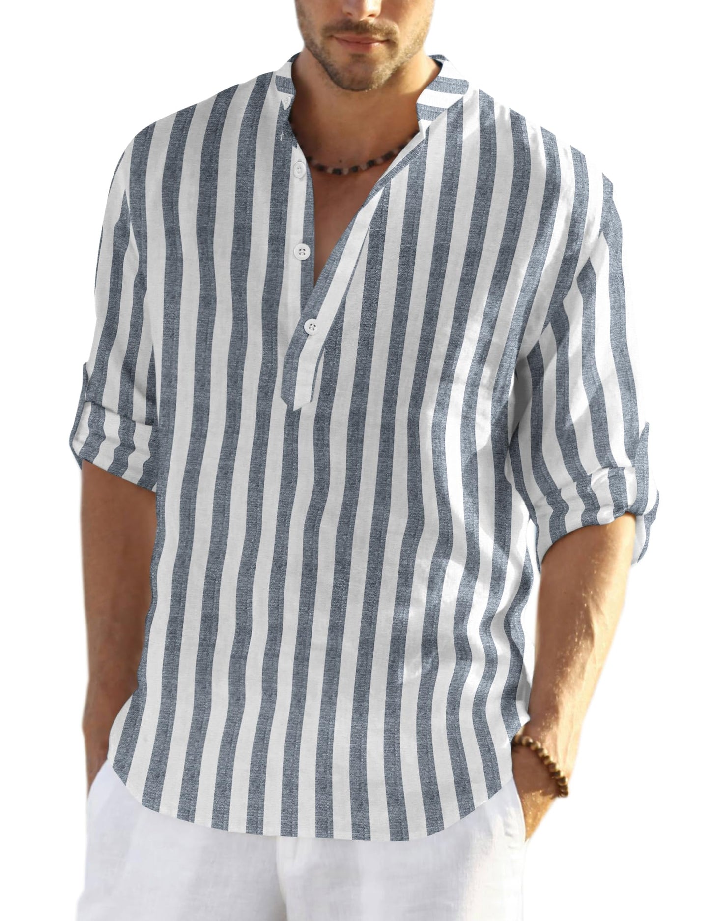 Cotton Linen Henley T-Shirt for Men, Long Sleeve Hippie Casual Beach T-Shirts