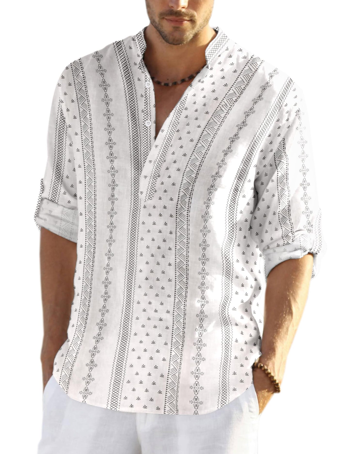 Cotton Linen Henley T-Shirt for Men, Long Sleeve Hippie Casual Beach T-Shirts