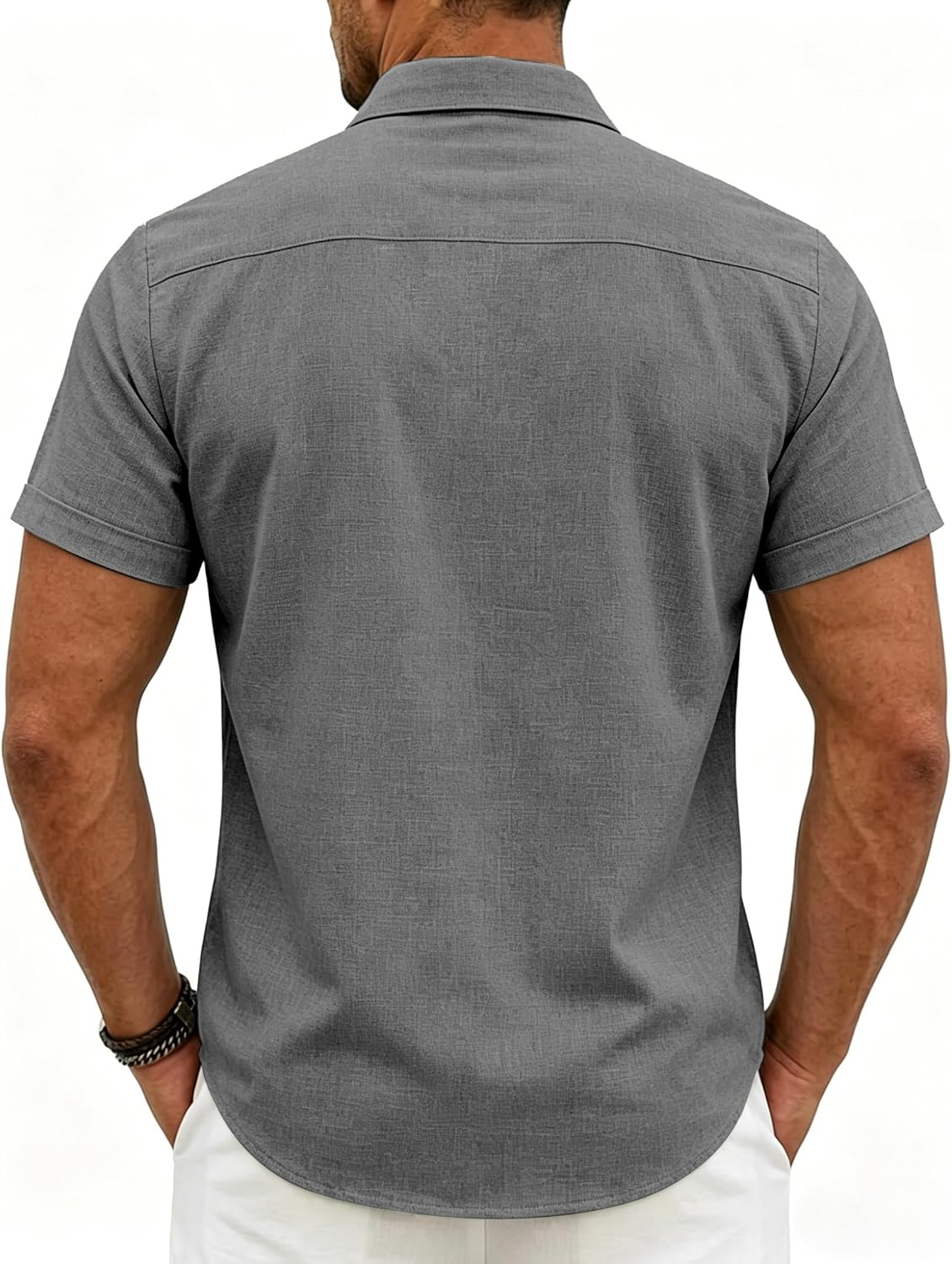 Men's Linen Shirts Slim Short Sleeve Textured Button Down Dress Shirt Breathable Casual Summer Beach Vacation Wedding Tops
