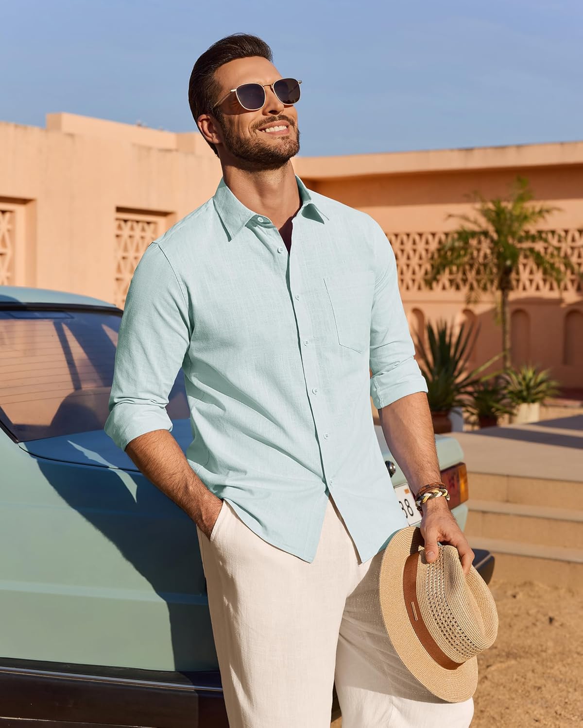 Mens Linen Textured Shirt Long Sleeve Casual Cotton Solid Regular Fit Wedding Summer Beach Button Down Shirt