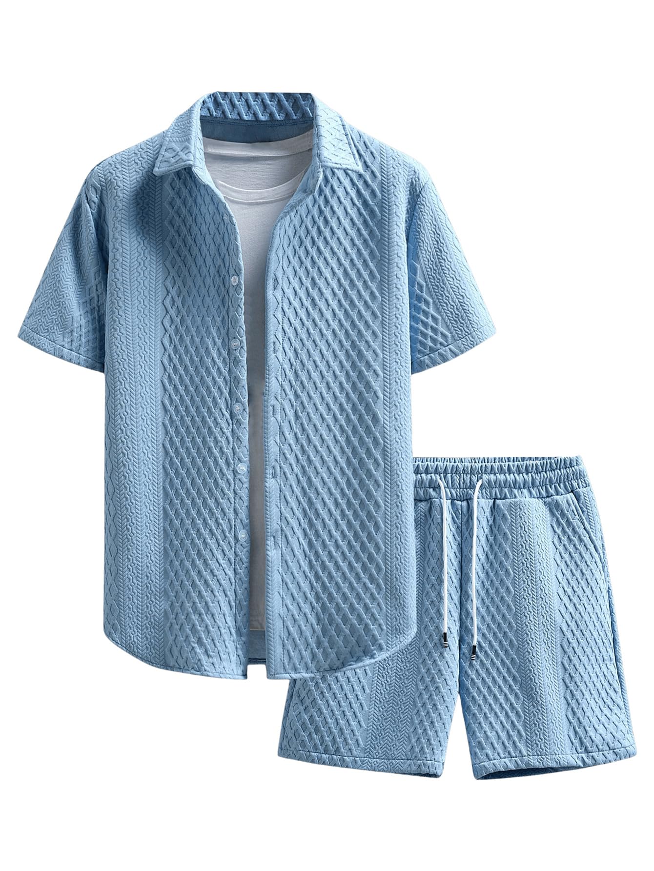 Waffle Knit 2 Piece Outfits for Men, Button Down Shirt and Shorts Set