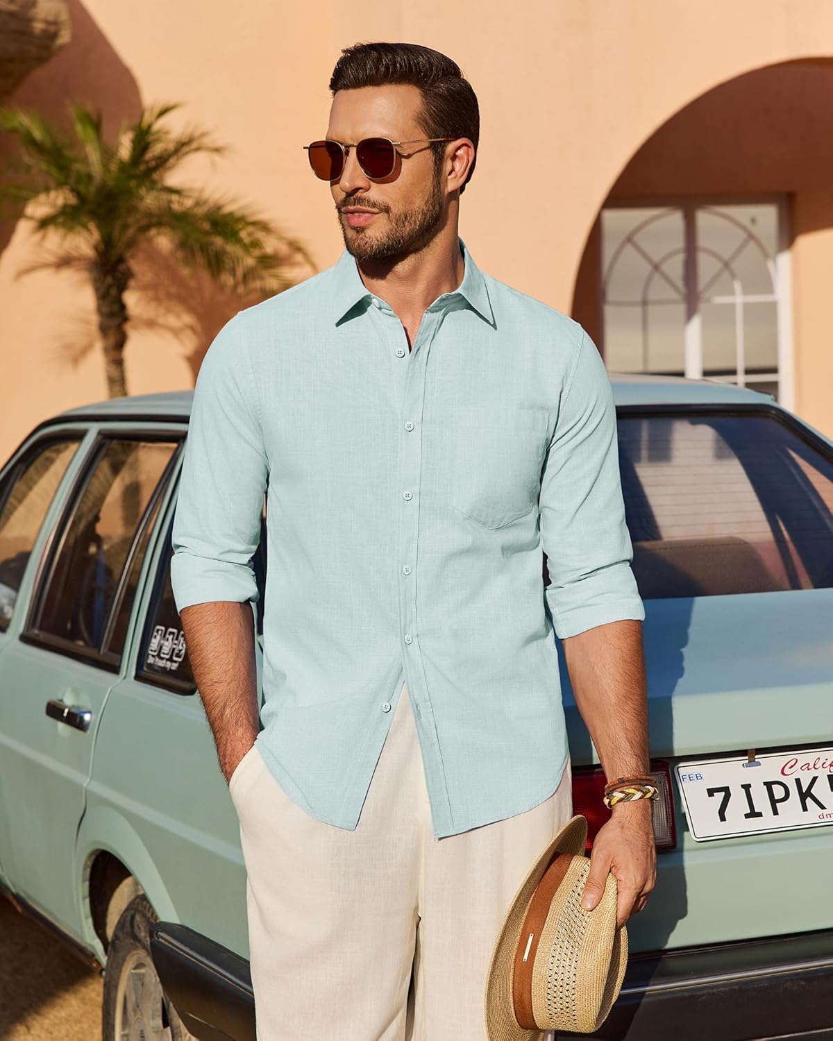 Mens Linen Textured Shirt Long Sleeve Casual Cotton Solid Regular Fit Wedding Summer Beach Button Down Shirt