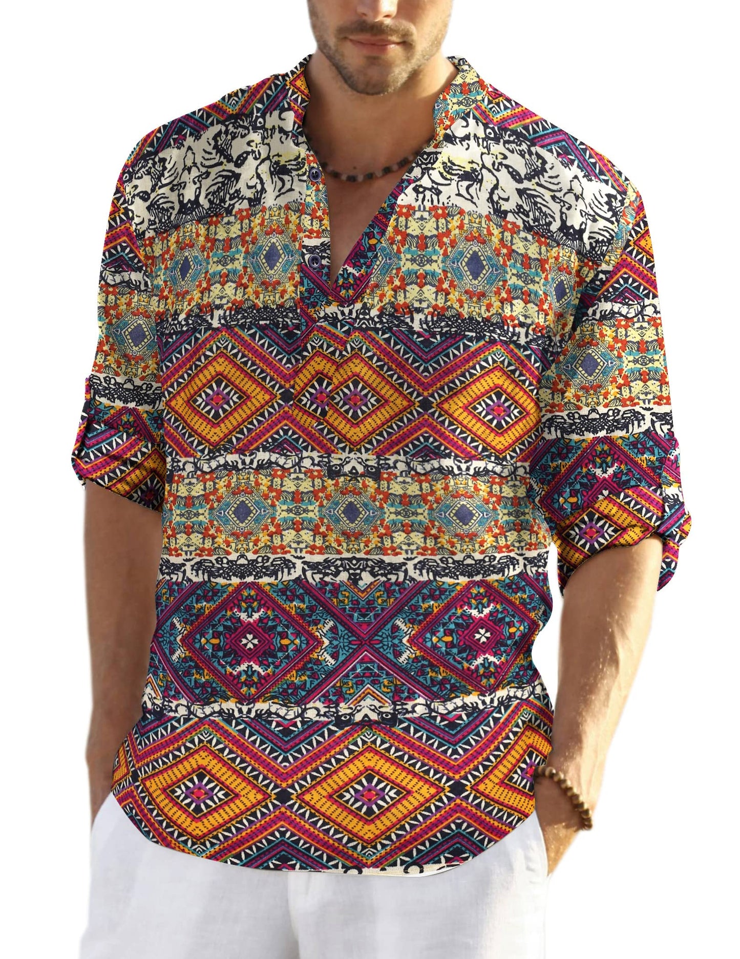 Cotton Linen Henley T-Shirt for Men, Long Sleeve Hippie Casual Beach T-Shirts